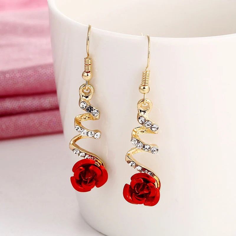 Vintage Red Rose Drop Earrings for Women – Elegant Rhinestone Flower Dangle Earrings