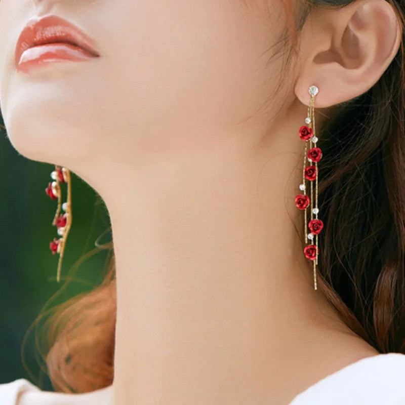 Vintage Red Rose Drop Earrings for Women – Elegant Rhinestone Flower Dangle Earrings