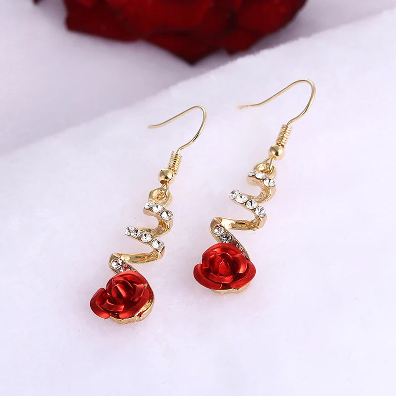 Vintage Red Rose Drop Earrings for Women – Elegant Rhinestone Flower Dangle Earrings