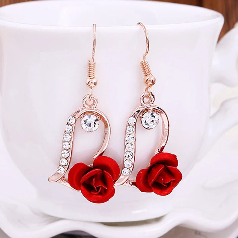 Vintage Red Rose Drop Earrings for Women – Elegant Rhinestone Flower Dangle Earrings