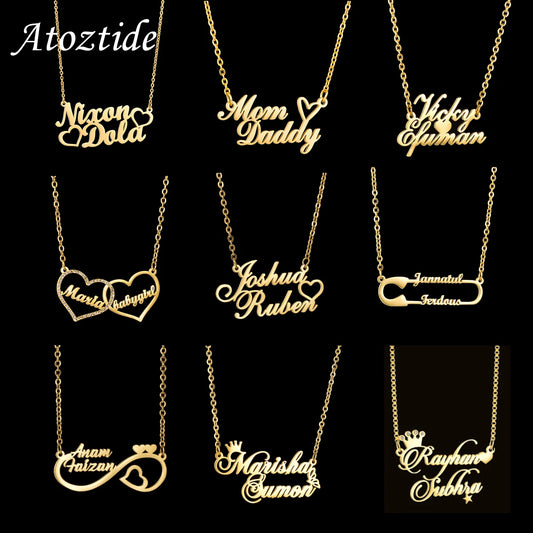 Gold - Personalized 2 Names Heart Pendant Necklace