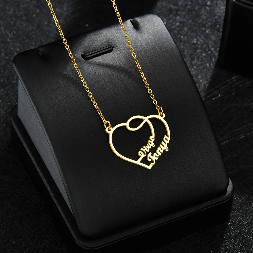 Gold - Personalized 2 Names Heart Pendant Necklace