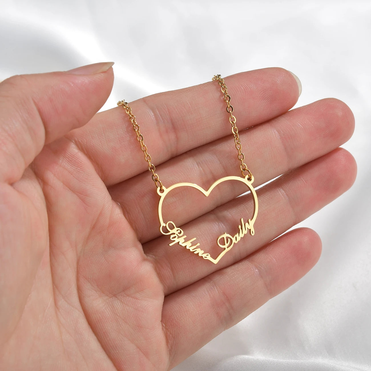 Gold - Personalized 2 Names Heart Pendant Necklace