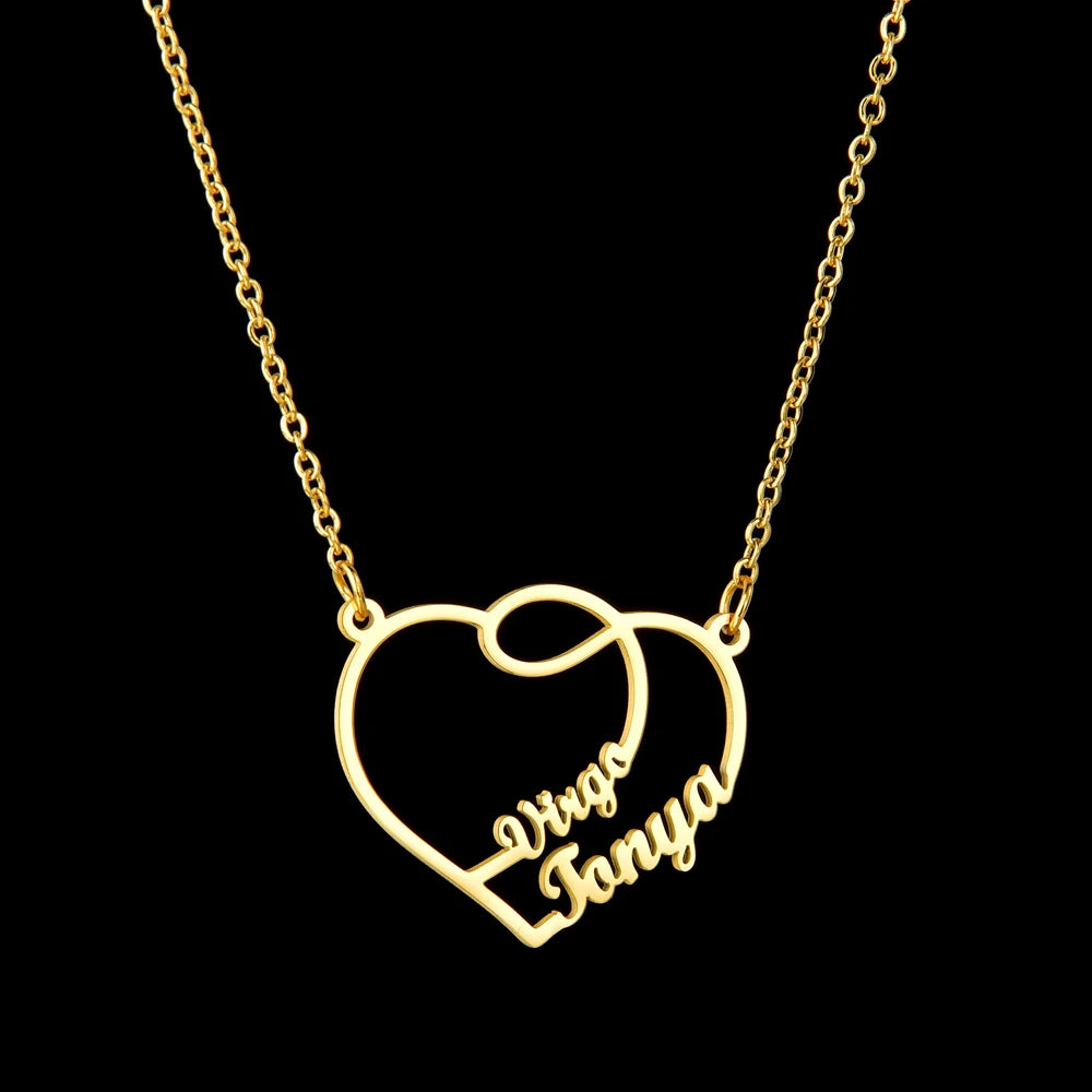 Gold - Personalized 2 Names Heart Pendant Necklace