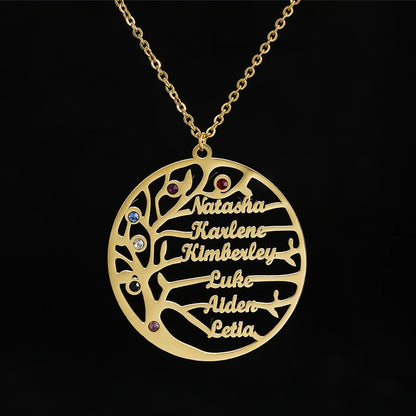 Personalized Family Names Necklace - Stainless Steel Pendant with 3mm Cuban Chain, Birthstone Heart, Hand Hug, and Life Tree Design